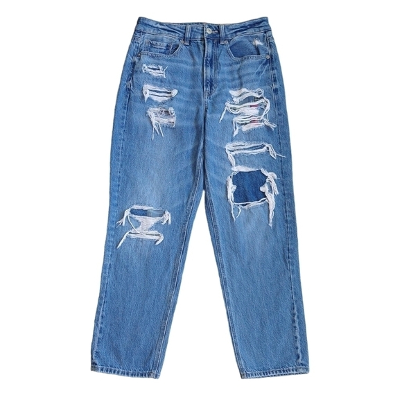 American Eagle Mom Straight Jean Distressed Plaid Panels 100% Cotton Retro-Look - Picture 1 of 14